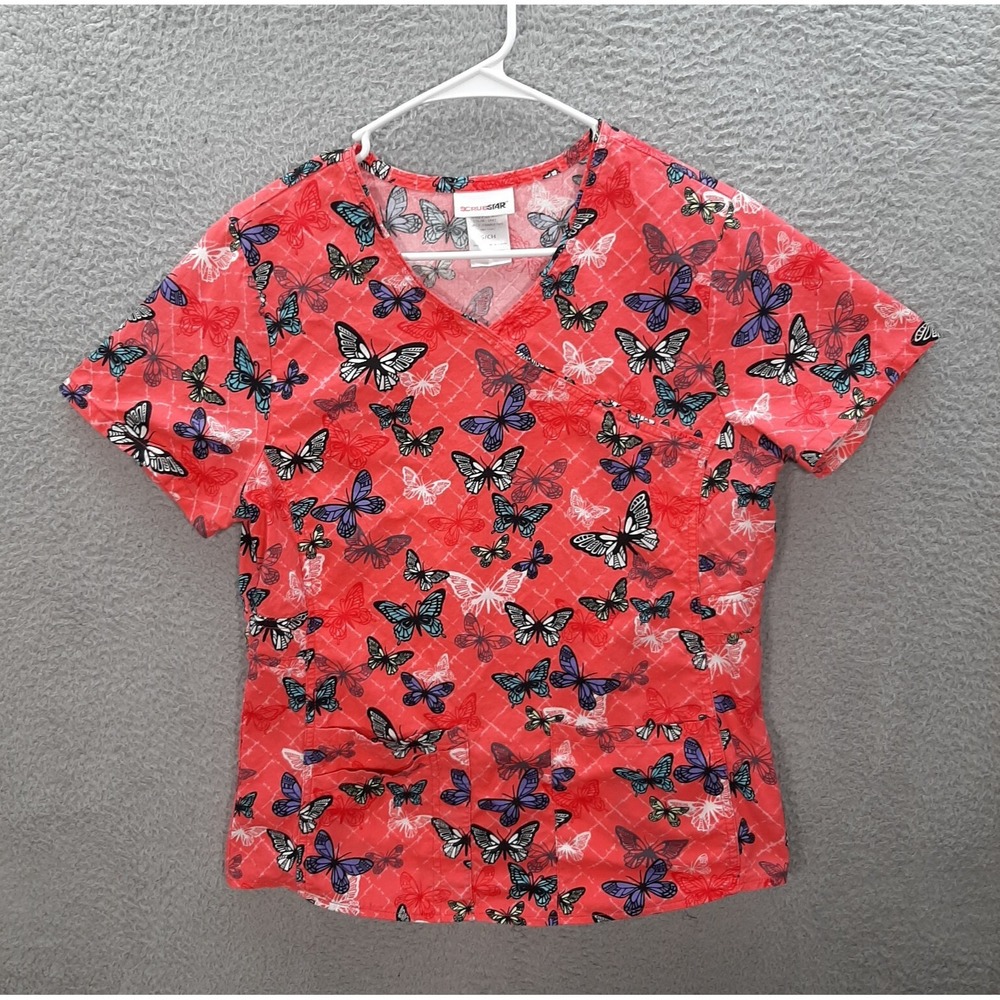 Scrubstar Scrub Top Womens Small Pink Butterfly V Neck Medical Dental Vet Nurse